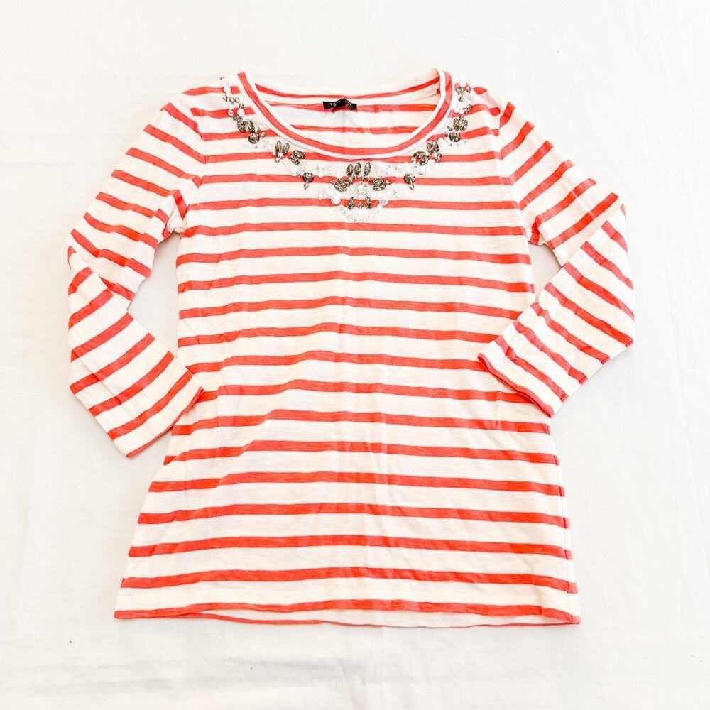Talbots Striped Embellished Patterned 3/4 Sleeve Shirt Top Size Small Petite